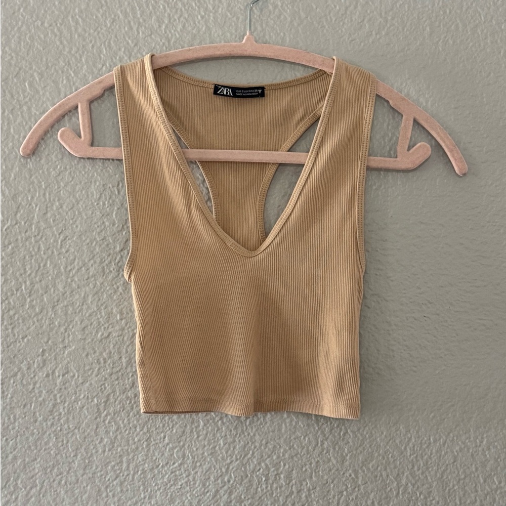 Zara Beige Ribbed V-Neck Crop Top